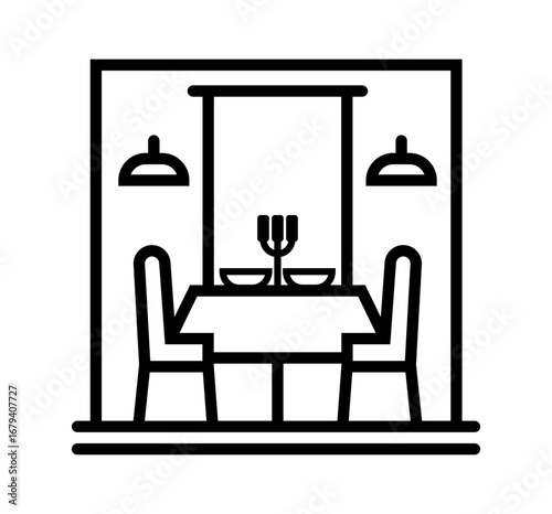 Simple line art representation of a dining room with a table, chairs, and a centerpiece