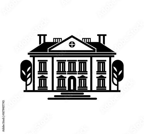 Elegant classical building with columns and trees on a white background, representing architecture and history