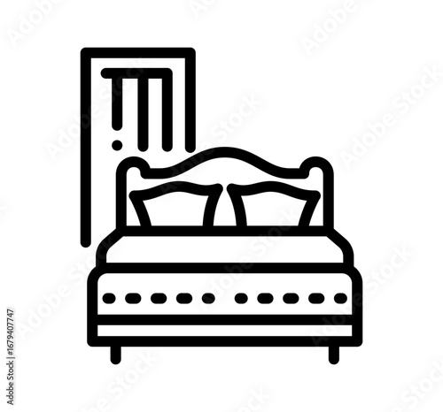 Modern double bed with headboard and pillows next to a doorway symbolizing home comfort and relaxation