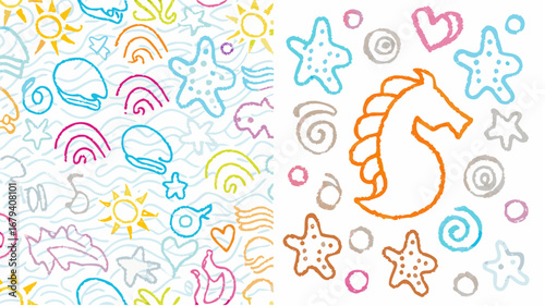 Hand drawn sea life pattern with seahorse, starfish, sun, shells and hearts on a white background art