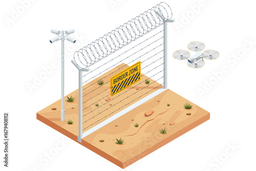 Isometric illustration of border fence with barbed wire, surveillance cameras, and drone patrol in desert security zone. Concept of border control, migration, and restricted area