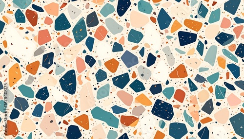 A vibrant mosaic pattern showcases a mix of colorful, irregular shapes on a cream-colored background, creating a joyful and lively visual design.