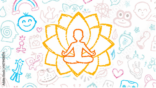 Person meditating in lotus position inside a flower surrounded by doodle style drawings on white background