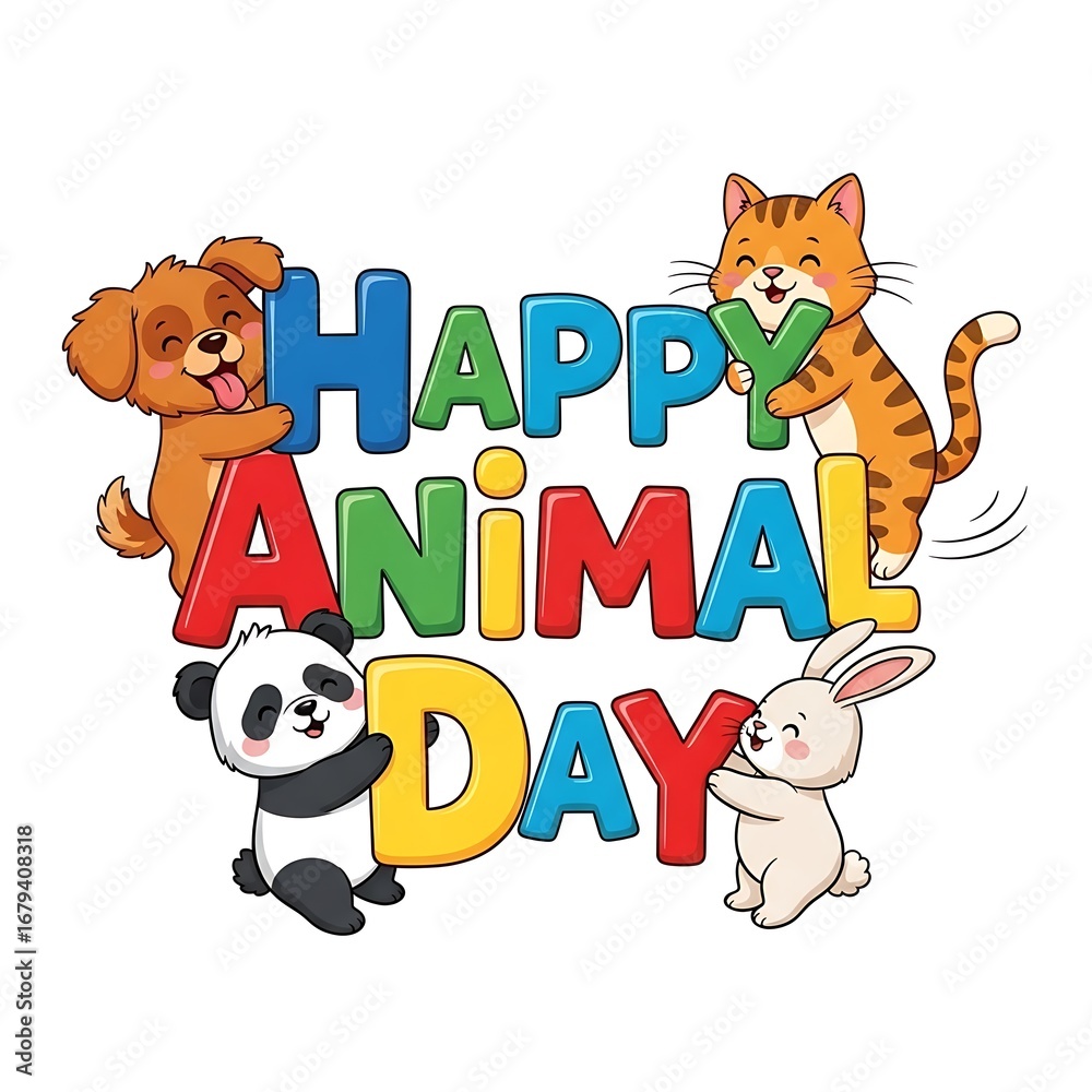 Fototapeta premium Happy animal day greeting with cute cartoon dog cat panda and rabbit celebrating