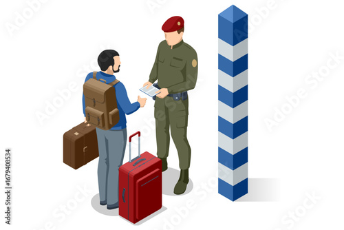 Isometric border checkpoint with soldier checking documents of traveler carrying luggage. Concept of immigration, passport control, and crossing regulation.