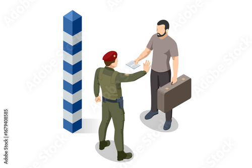 Isometric illustration of soldier at border crossing refusing entry to traveler with suitcase. Concept of migration rejection, immigration denial, and strict border security