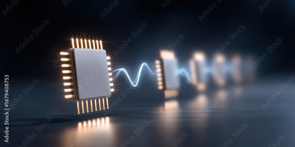 Obraz premium Microchip with glowing pins connected by light wave, futuristic technology concept with digital energy flow and dark background