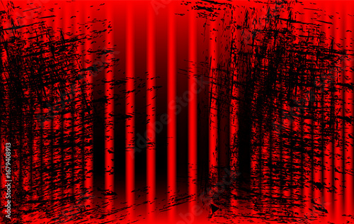 Creative abstract grunge background featuring bold red and black colors with distressed vertical stripes, chaotic brush strokes, and rough ink scratches. Perfect for digital artwork, wallpapers, 