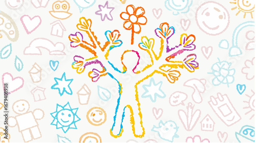A whimsical drawing featuring a colorful figure with tree like arms surrounded by various doodle elements