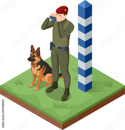 Isometric border guard with binoculars and dog on patrol near frontier post. Concept of security, surveillance, and protection against illegal crossing