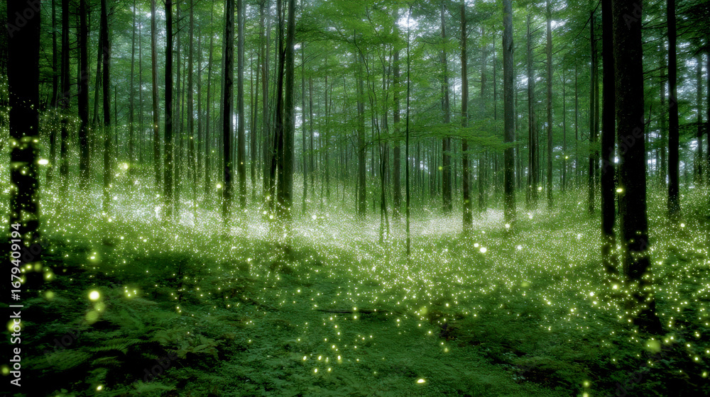 Fototapeta premium Serene digital forest filled with glowing plants and ethereal light, creating magical atmosphere among tall trees and lush greenery. enchanting scene invites exploration and wonder