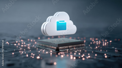 Cloud storage concept with glowing folder icon above microchip on circuit board, digital data transfer and technology innovation