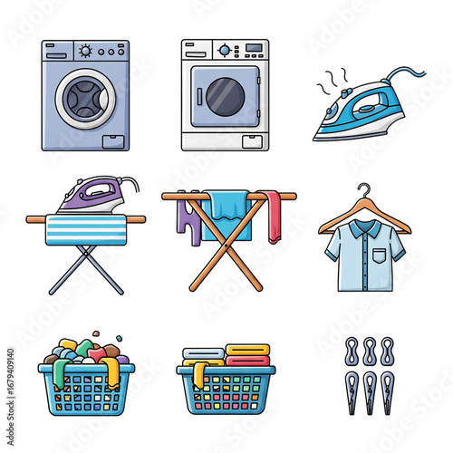 Essential laundry day and household chore icon set featuring a washing machine, dryer, iron, and clothing care symbols
