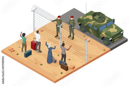 Isometric illustration of refugees with luggage stopped by soldiers and military vehicle at border fence. Concept of migration crisis, asylum seekers, and strict frontier control
