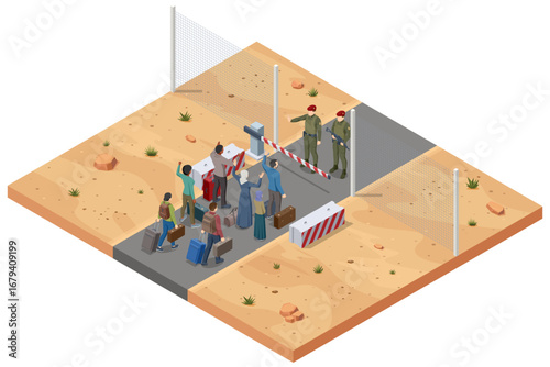 Isometric border crossing with crowd of migrants stopped by soldiers at checkpoint. Concept of immigration, refugee crisis, and strict frontier enforcement