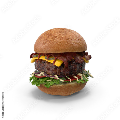 Juicy Bacon Cheeseburger on Sesame Bun 3d Png