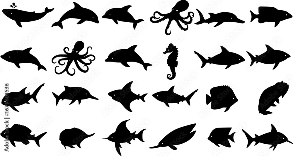 Naklejka premium ocean animals and sea life silhouettes icons collection vector black shape 