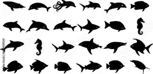 ocean animals and sea life silhouettes icons collection vector black shape

