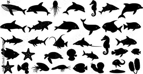 ocean animals and sea life silhouettes icons collection vector black shape
