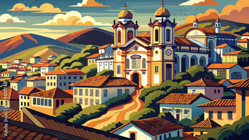 Ouro Preto, Brazil, spills down steep hills with baroque churches, soapstone details, colonial townhouses. Late-afternoon amber, distant blue ridges; semi-realistic flat vector stressing curvature, 