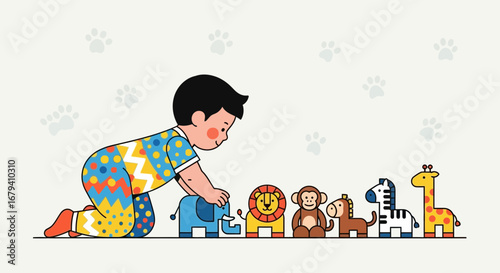 Playful Toddler Interacting With Adorable Animal Toys For Early Childhood Education