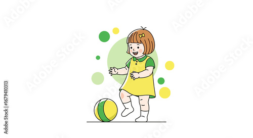 Playful Toddler Kicking Ball in Vibrant Illustration With Green and Yellow Accents