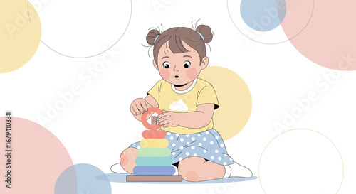 Playful Toddler Interacting With A Colorful Toy Tower On A Pastel Background