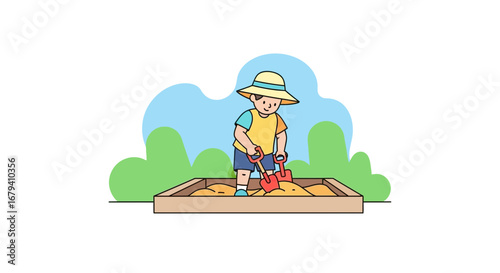 Playful Youngster Enjoying Sandbox, Shoveling Sand in a Sunny, Joyous Outdoor Time