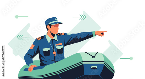 Officer Directing Onflatable Boat, Nautical Scene, Indicating Destination, Vector Illustration