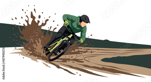 Off-Road Cycling Illustration: Mountain Biker Navigating Muddy Track With Speed And Style