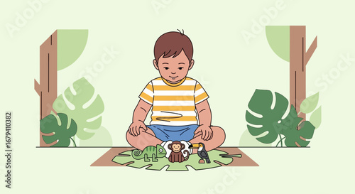 Playful Young Child Enjoying Toys Among Exotic Botanical Landscape Elements