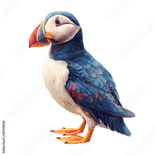 A puffin bird with colorful beak, side profile, isolated cutout PNG