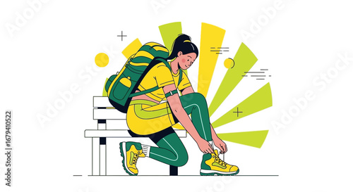 Preparing For Adventure: A Female Hiker Tying Shoe Laces, Ready To Explore Nature