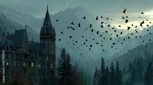 Creepy Halloween Backdrop with Crows and Gothic Mansion