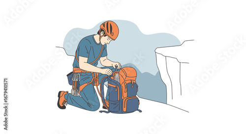 Preparing For An Adventure, A Climber Adjusts His Pack Before Ascent On A Mountain