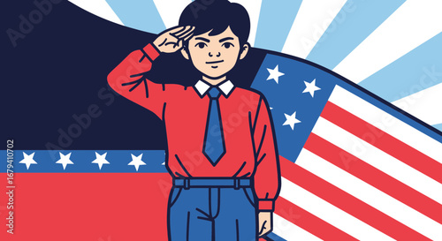 Patriotic Young Person Saluting in Front of Patriotic American Flag as Hero