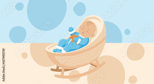 Quiet Dreamer: Adorable Infant Asleep Peacefully In A Wooden Cradle Against Blue Background
