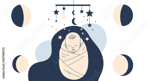 Peaceful Baby Resting Under a Mobile with Moon Phases And Celestial Elements