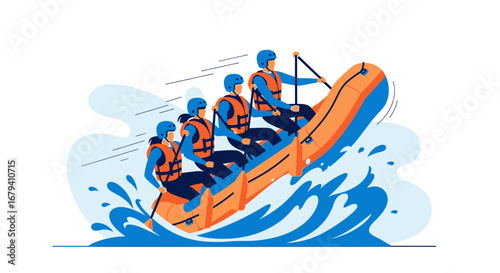 Rafting Adventure:  Team Navigating a River Rapid Together in a Colorful Illustration