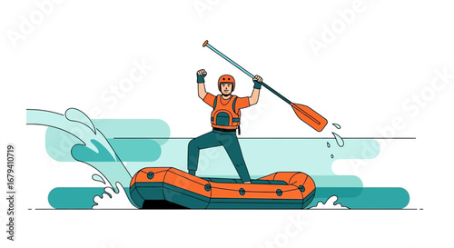Rafting adventure: A cheerful individual navigating whitewater with a paddle