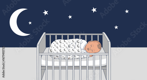 Peaceful Baby Sleeping Soundly Under Stellar Nighttime Sky In Their Cradle