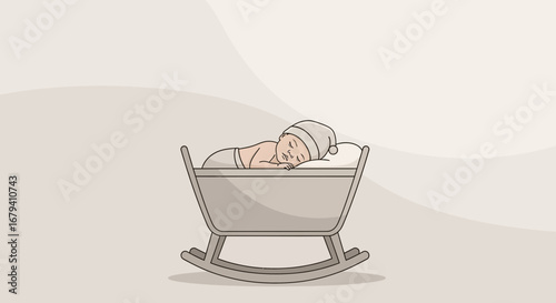 Peaceful Baby Sleeping In Cradle Decorated With Cute Hat On Background