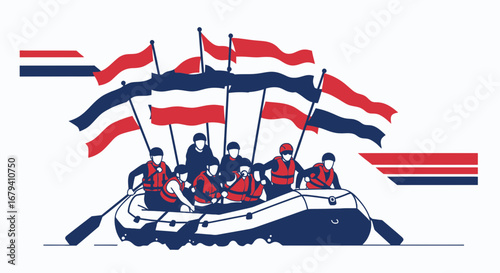 Rafting Adventure: A Group Embarks on a Journey With Flags Raised Enthusiastically