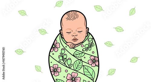 Peaceful Baby Wrapped In Floral Swaddle With Falling Leaves On White Background