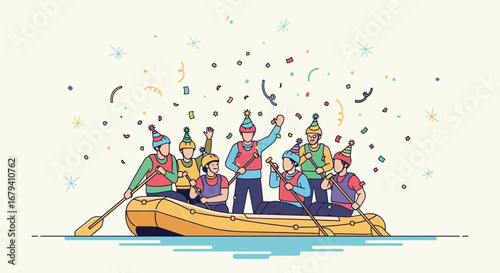 Rafting Adventure Celebration With Festive Crowd And Colorful Confetti Shower