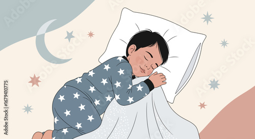 Peaceful Child Sleeping Soundly Under the Stars in Soft Pastel-Colored Illustration