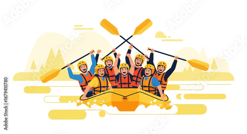 Rafting Adventure: Group Joyously Navigating Water Rapids with Paddles and Smiles