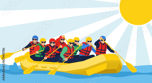 Rafting Adventure: Group Of People Enjoying Sunny Day On Water Rafting Expedition Illustration