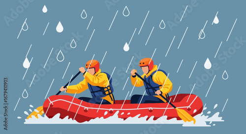 Rafting adventure with two people in the rain in the concept illustration
