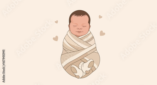 Peaceful Infant Swaddled and Content, Wrapped in Warmth and Tenderly Illustrated